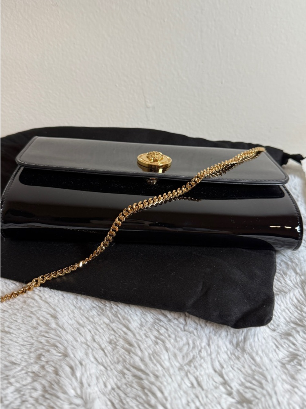 Versace Black Patent Leather Clutch on chain with Gold Medusa Button - Picture 4 of 6